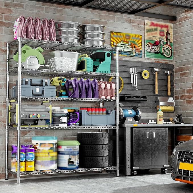 Storage Shelves, 2 PCS 48" L x 20" W x 72" H Heavy Duty Garage Wire Shelving Unit Loads 2000LBS, 5-Tier Adjustable Metal Industrial Utility Shelf Rack for Kitchen, Laundry Room, Basement
