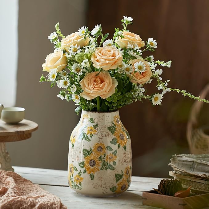 Levvohd Vintage Ceramic Vase, 7.7 Inch Yellow and Beige Sunflower Floral Modern Flower Vases for Home Decor Aesthetic Living Room Bookshelf Office Tuscan Decorations (Conical)