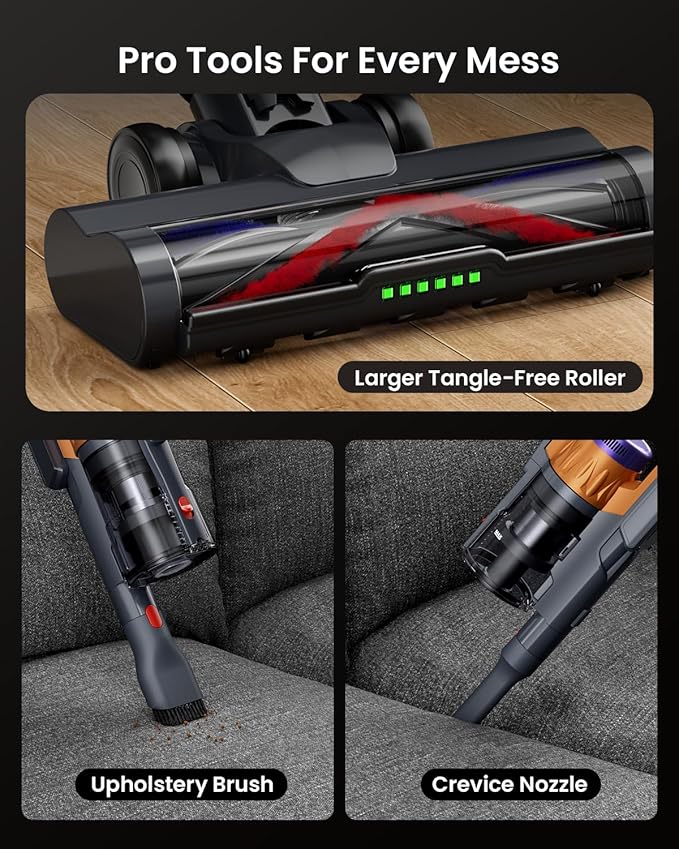 Cordless Vacuum Cleaner for Home, Upgraded 60Kpa Powerful Suction Pet Hair Vacuum with 70min Runtime, Green LED Light for Hardwood Floors & Carpet, Self-Standing Rechargeable Stick Vacuum