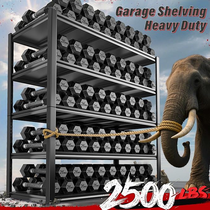 REIBII 48" W Garage Shelving 2500LBS Storage Shelves Adjustable Metal Shelving Heavy Duty Garage Shelves for Warehouse Pantry Basement 48" W x 72" H x 18" D