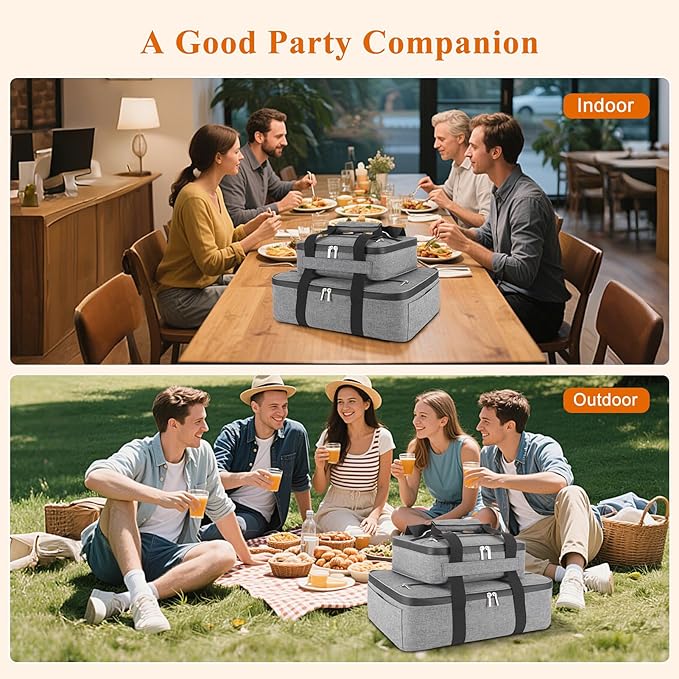 Insulated Casserole Carrier for Hot or Cold Food, Fits 8"-15" Baking Dish,Thermal Food Carrier Bag, Lasagna Lugger Tote for Potluck Parties/Picnic/Cookouts/Lunch, Grey,2 Pack