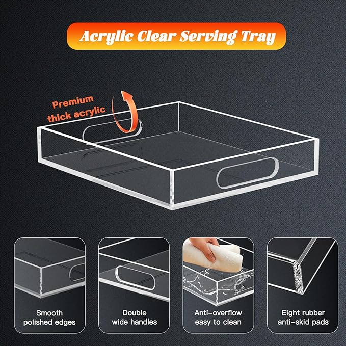 17 * 17 Acrylic Organizer Tray Large, Serving Tray with Handle, Lucite Tray Organizer for Bench, Coffee Table Countertop, Kitchen, Bathroom, Living Room, Powder Room