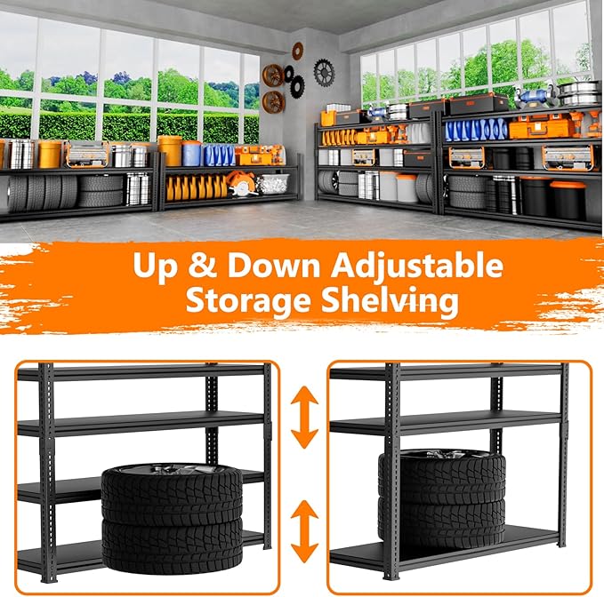 Storage Shelves Heavy Duty, 60" L x 24" W x 78" H Garage Storage Shelves Unit Loads 2960LBS, 4-Tier Adjustable Metal Industrial Utility Shelf Rack for Kitchen, Laundry Room, Warehouse, Basement