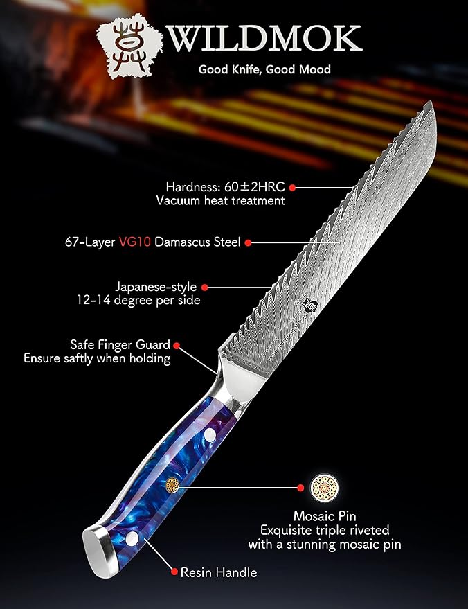 WILDMOK Serrated Bread Knife, 8 inch 67-Layer Damascus Steel Bread Knife, Ergonomic Strong durable resin handle with Luxury Gift Box