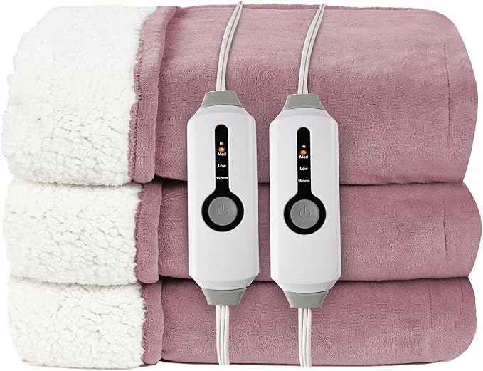 Electric Heated Blanket Queen Size 84"x90" - Coral Fleece & Sherpa Fabric Dual-Sided, 4 Heat Settings & 10 Hours Auto Off, Soft Warming Throw for Home, Office, or Bed, Machine Washable, Berry Shade