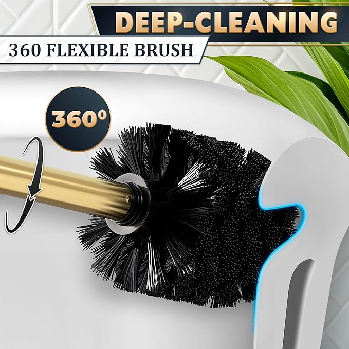 Gold Toilet Brush and Holder Set with Wall Mount - Modern Wall Mounted Toilet Brush Made from Corrosion-Resistant Stainless Steel - Removable Inner Bowl, Splash Protection & Dense Bristles Supplied