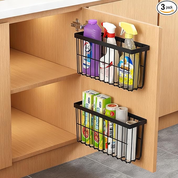 3 Piece Kitchen Cabinet Door Storage Box,Self Adhesive Wall Mounted,Wardrobe/Bathroom/Refrigerator Small Items Organizer,Oil bottle/Seasoning storage(Black)