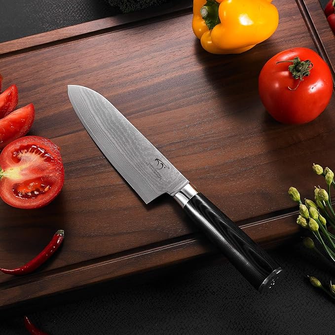 Damascus Santoku Knife 7 Inch, Professional Kitchen Knife Forged with VG10 Super Steel 67 Layer Damascus, Non-slip Wood Ergonomic Handle, Razor Sharp Lightweight Multipurpose Full Tang