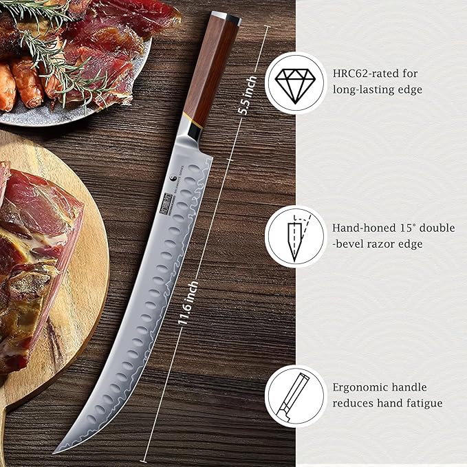 HOSHANHO Brisket Slicing Knife 12 Inch, Japanese High Carbon Steel Butcher Breaking Knife with Ergonomic Handle, Razor Sharp Curved Carving Knives for Meat, BBQ