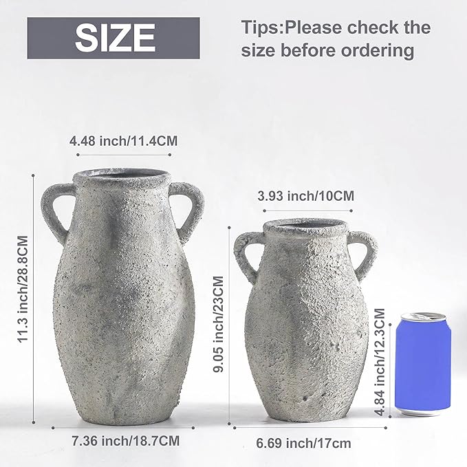 Ceramic Rustic Vase, 9.05 inch Farmhouse Flower Vase with 2 Handles, Decorative Pottery Flower Vases for Home Decor, Living Room Shelf Decor, Enterway, Table