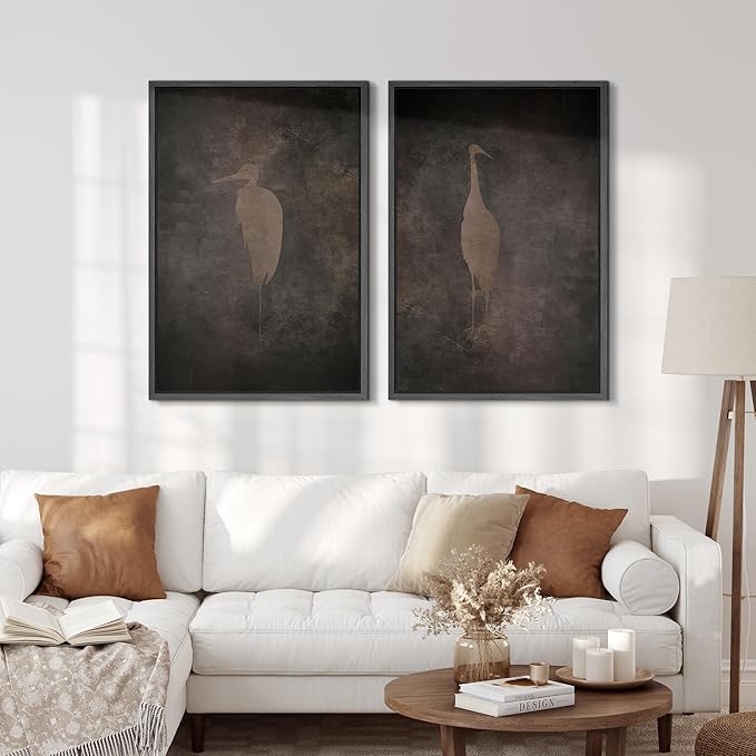 SIGNFORD Framed Canvas Print Wall Art Set Abstract Crane Silhouettes Vintage Dark Tones Illustration Modern Art Decorative Nordic Nature for Living Room, Bedroom, Office - 24"x36"x2 Black