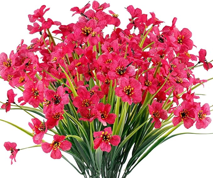 12 Bundles Artificial Flowers Outdoor UV Resistant Fake Flowers No Fade Faux Plastic Plants Garden Porch Window Box Decorating(Rose red)