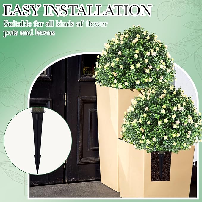 Yunlly Set of 2 Artificial Boxwood Topiary Ball Tree Fake Bushes Shrubs Outdoor Faux Plant with Ground Spike Flowers UV Resistance Greenery for Front Porch Garden Patio Indoor(Light Yellow,27x18inch)