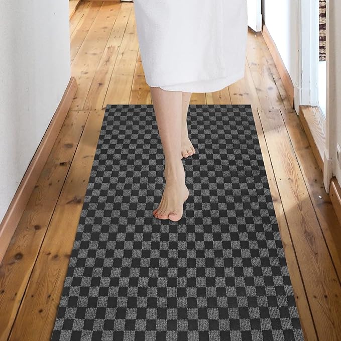 Custom Size Backed Non-Slip Area Rugs Runner, Easy Clean, Waterproof Runner Rugs for Hallway Entryway, Kitchen, Laundry, 3FT x 8FT, Gray Checkered