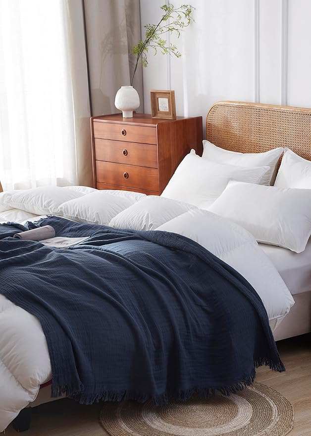 100% Cotton Muslin Throw Blanket for Bed, Couch, Small, Decorative, Soft, Pre-Washed, Breathable and Lightweight Gauze Blanket with Tassels, Suitable for All Seasons, Navy, 50"x60"