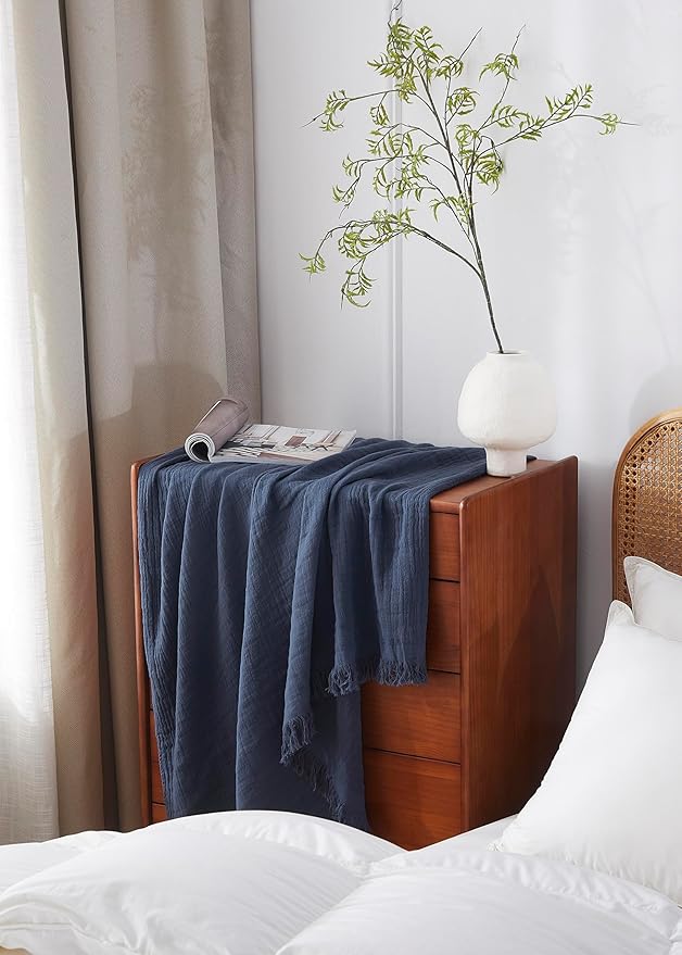 100% Cotton Muslin Throw Blanket for Bed, Couch, Small, Decorative, Soft, Pre-Washed, Breathable and Lightweight Gauze Blanket with Tassels, Suitable for All Seasons, Navy, 50"x60"