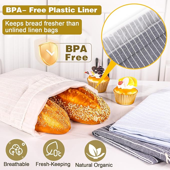 3 Pack Linen Bread Bags for Homemade Sourdough with Plastic Lined - Reusable Sourdough Bread Storage Bag