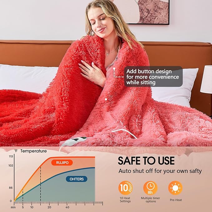 Heated Electric Blanket Throw,Warm Winter for Women Her Grandma-Faux Fur with Soft Sherpa,10 Heat Settings,5 Time Settings with Fast Heating,ETL 50x60, Ruby Wine