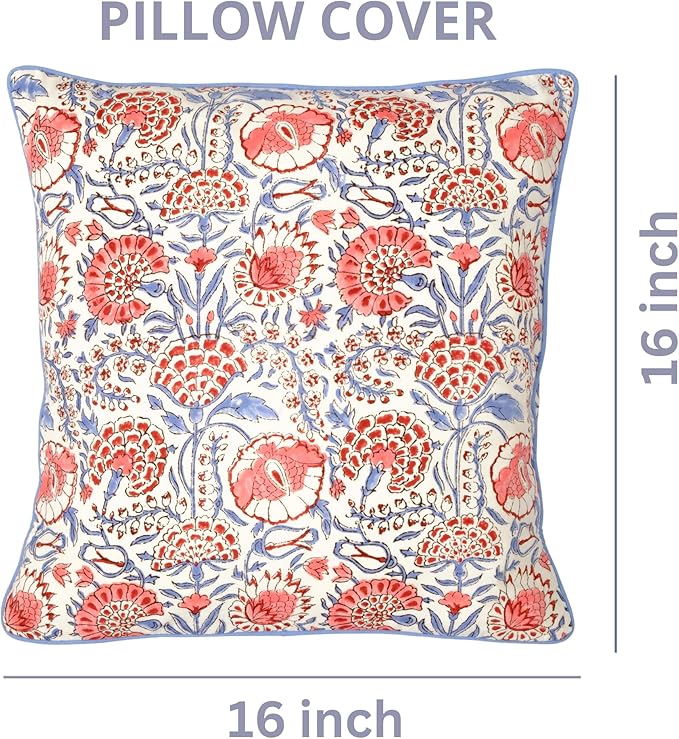 Ridhi Hand Block Print Flamingo Pink Decorative Outdoor Couch Throw Canvas Pillow Cover Set of 2 16x16 Washable Modern Vintage Boho Chic Spring Home Déco Cover