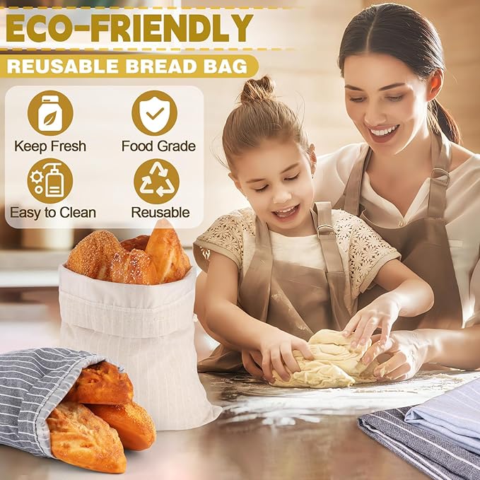 3 Pack Linen Bread Bags for Homemade Sourdough with Plastic Lined - Reusable Sourdough Bread Storage Bag