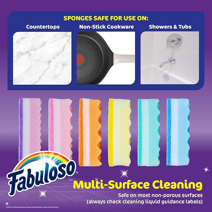 Fabuloso Sponges, Rainbow - Assorted Color Scratch-Free Scrubber for Dishes and Surfaces - Dishwashing Sponge for Bold and Bright Cleaning Experience, 12 Count