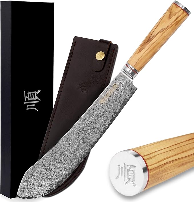 YOUSUNLONG Breaking Knife Bull Nose Pro Butcher Knife 10 Inch Japanese Damascus Steel Italian Olive Wood Handle with Leather Sheath