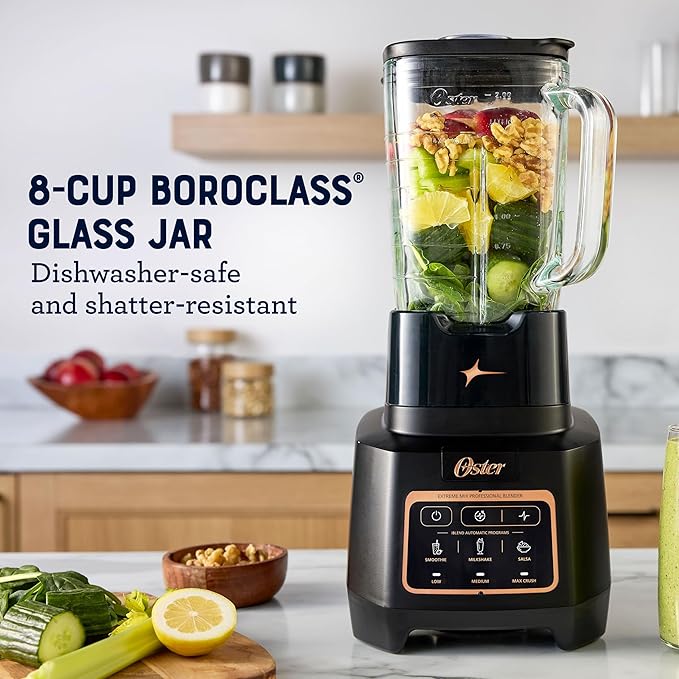 Oster Extreme Mix Blender, 8-Cup Glass Jar, 3 iBlend Preset Functions, 1600-Watts, 10-Point Blade Stack with Titanium Coating & Blend-N-Go Cup