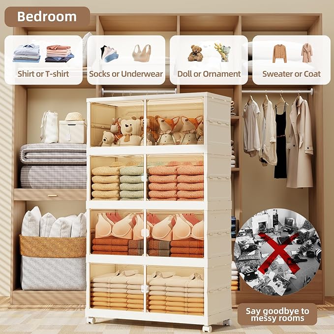 320 QT Extra Large Collapsible Storage Bins, 4 Tier Stackable Storage Bins for Closet Bedroom, XX-Large Plastic Containers with Wheels, Storage Cabinet with Magnetic Doors, White (320QT-4Tier)