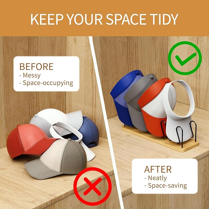 Hat Organizer for Baseball Caps 2 Pack Hat Rack for 14 Baseball Caps Wooden Hat Holder Stand Storage Display Cap Organizer for Closet Shelf