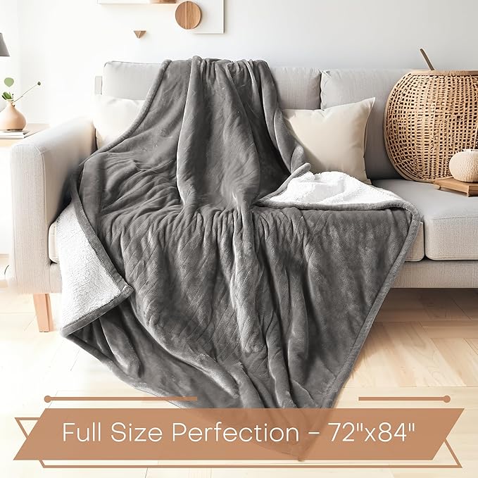 Electric Heated Blanket Twin Size 62"x84" - Flannel & Sherpa Fabric Dual-Sided, 6 Heat Settings & 10 Hours Auto Off, Soft & Cozy Warming Throw for Home, Office, or Bed, Machine Washable, Light Gray