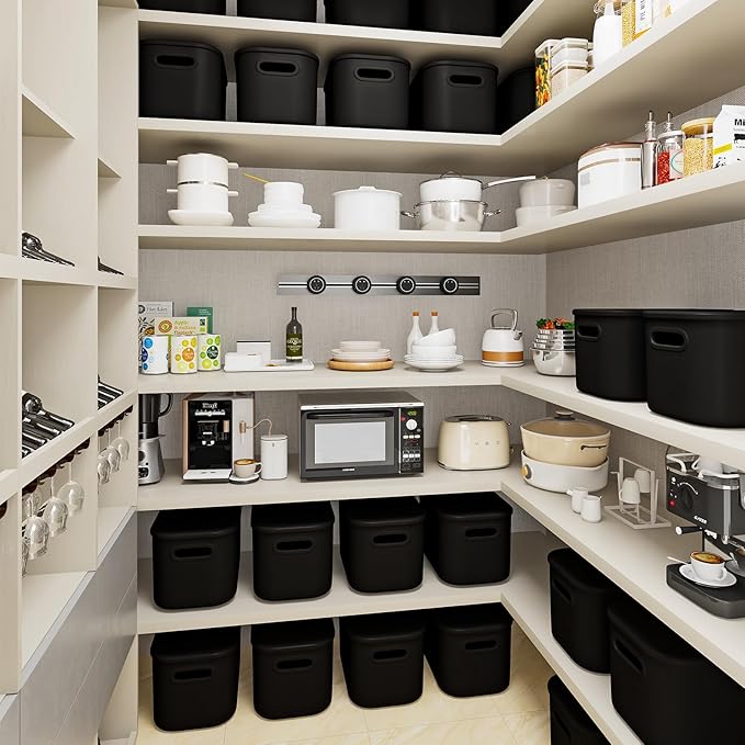 8 Pack Black Storage Bins for Shelves, Plastic Storage Containers for Organizing, Stackable Storage Boxes with Handle, Black Storage Bins for Classroom, Craft, Snacks, Cabinet, 9.7x6.7x5.7inch