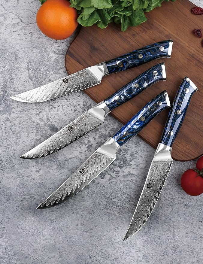 WILDMOK Steak Knives, 5 inch Non Serrated Steak Knife Set of 4, Japanese Damascus VG10 Steel Steak Knives,Premium Steak Knives Set with Gift Box