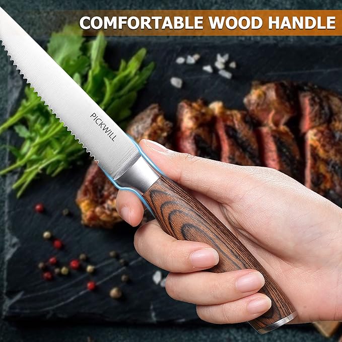 Steak Knives,Steak Knives Set of 4, Ergonomic Wood Handle, 4.5 Inch High Carbon Stainless Steel Serrated Steak Knives Set with Gift Box