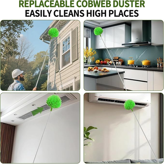 Cobweb Duster with Extension Pole, Washable Cleaning Duster Set with 2 Duster Heads, Corner Brush, 15-110-Inch Telescoping Pole for high Ceiling Fans, Long Duster for high Ceilings,Reach Duster