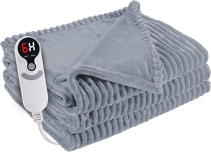 Electric Heated Blanket 50"x60" Throw Size with Cozy Flannel, 6 Heat Settings & 3 Hours Auto Off, Soft & Cozy Warming Throw for Home, Office, or Bed, Machine Washable, Grey