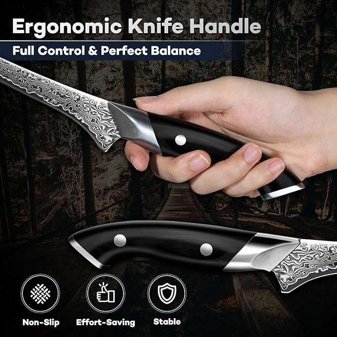 DRAGON RIOT Japanese Fillet Knife, 7 inch Meat Boning Knife with VG10 Steel Core, Damascus Pattern, Flexible Blade, Ergonomic Handle, Fishing Gift for Men