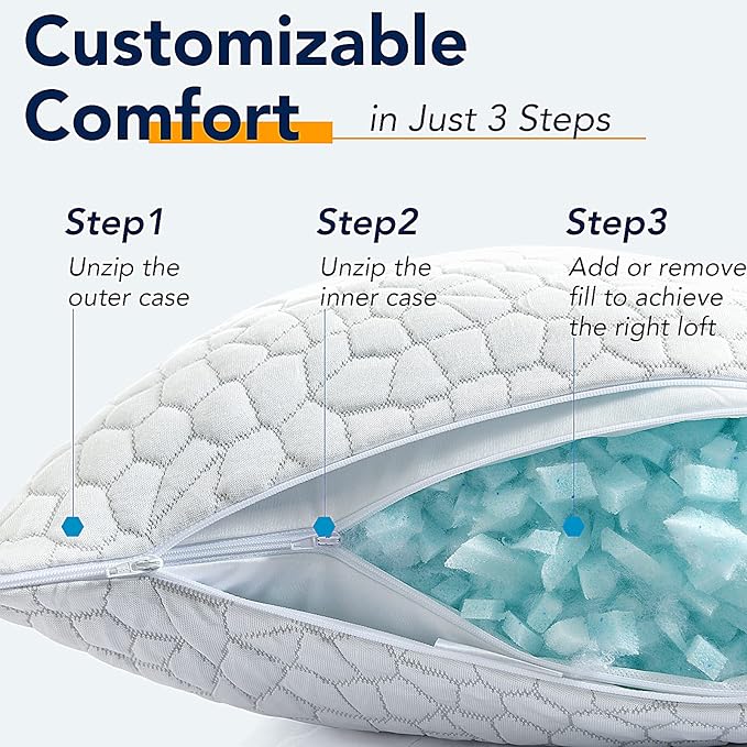 Shredded Memory Foam Pillows for Sleeping King Size Pillow, Cooling Gel Pillows for Hot Sleepers Cool Pillow for Side and Back Sleeper, Soft Yet Support Adjustable Bed Pillow, Gift for Women or Men