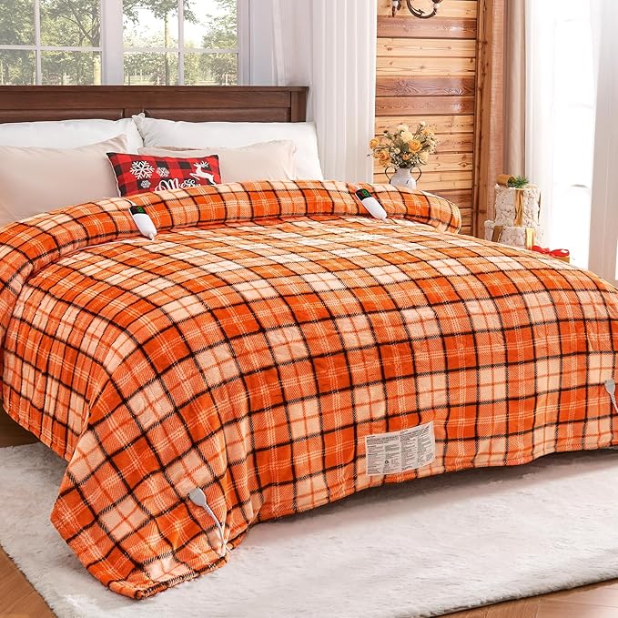Electric Heated Blanket King Size, 90X100 Orange Blanket with Dual Control&10 Heats Levels&Timer for Bed,Large Plaid Sherpa Heating Blankets Warmer Gifts for Women Grandma Halloween Home Decor, ETL