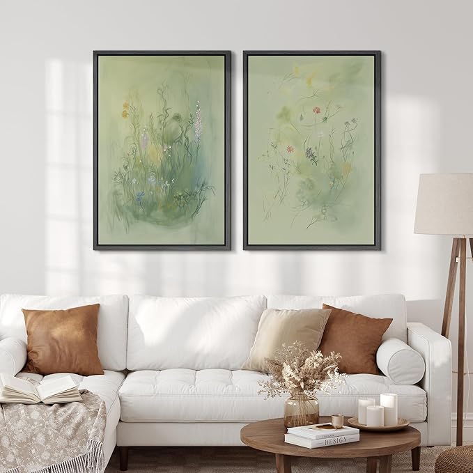 SIGNFORD Framed Canvas Print Wall Art Set Whimsical Green Wildflower Illustration Modern Art Decorative Nordic Nature for Living Room, Bedroom, Office - 24"x36"x2 Black