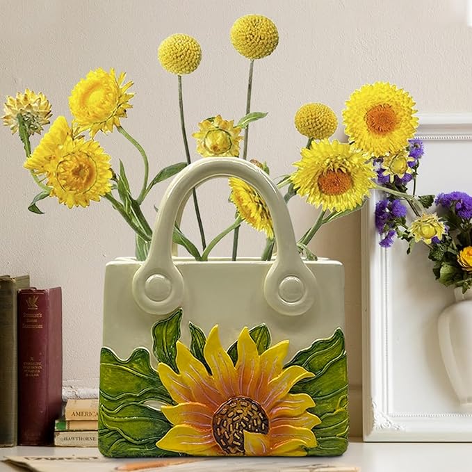 Small Purse Vase for Flowers - Sunflower Cute Mini Handbag Flower Vase for Organic Modern Table Centerpiece Decor, Unique Beige Resin White Vases for Party/Kitchen/Neutral/Bedroom