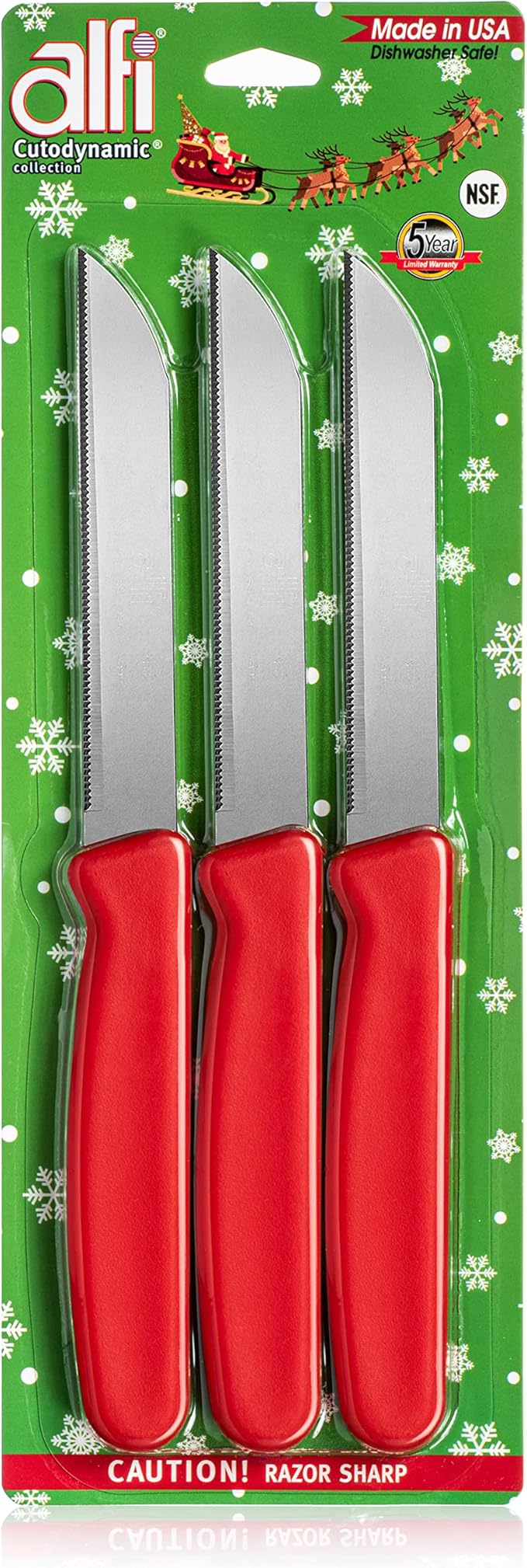 Alfi All-Purpose Knives Aerospace Precision Pointed Tip - Home And Kitchen Supplies - Serrated Steak Knives Set | Made in USA (Christmas Red)