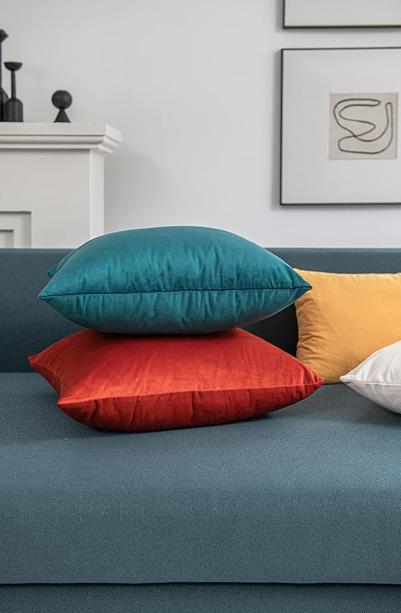 Throw Pillow Cases 22x22 Teal: 2 Pack Cozy Soft Velvet Square Decorative Pillow Covers for Farmhouse Home Decor