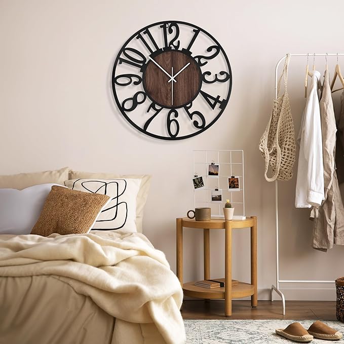 1st owned Large Wall Clock for Living Room Decor- 24" Decorative Antique Silent Non Ticking,Battery Operated,Black Metal,Wood Clocks for Farmhouse,Dining Room,Bedroom,Kitchen - Arabic Numerals