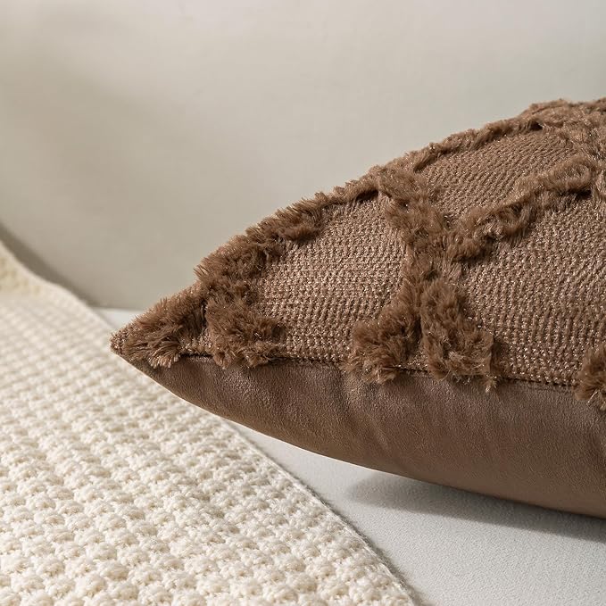 Set of 2 Soft Moroccan Throw Pillow Covers 16x16 Inch Plush Boho Decorative Pillow Cover Accent Cushion Case for Couch Sofa Bed, Deep Brown