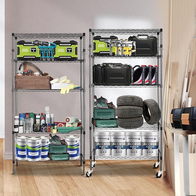 YNN Storage Shelves,1750Lbs 5 Tier Heavy Duty Metal Rolling Shelving Unit with Wheels & 8 Hooks, Adjustable Garage Wire Rack for Kitchen, Bathroom,Industrial,Pantry(36" W x 14" D x 72" H,Black)