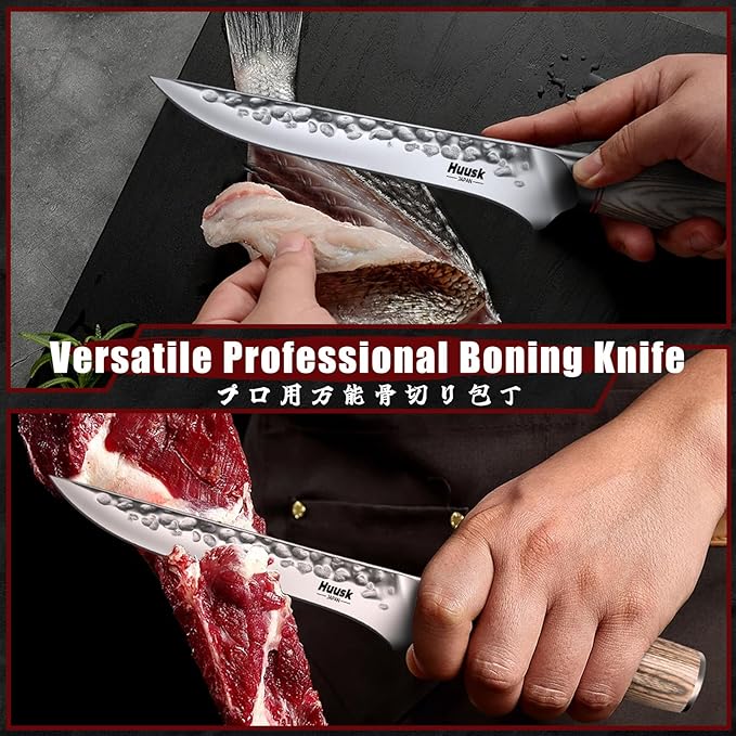 Huusk Japanese Kitchen Knife Set, 3-Piece Professional Chef Knives Set for Kitchen, Hand Forged Butcher Knife Set for Meat Cutting, Meat Cleaver Boning Knife with Pakkawood Handle, Gift for Men