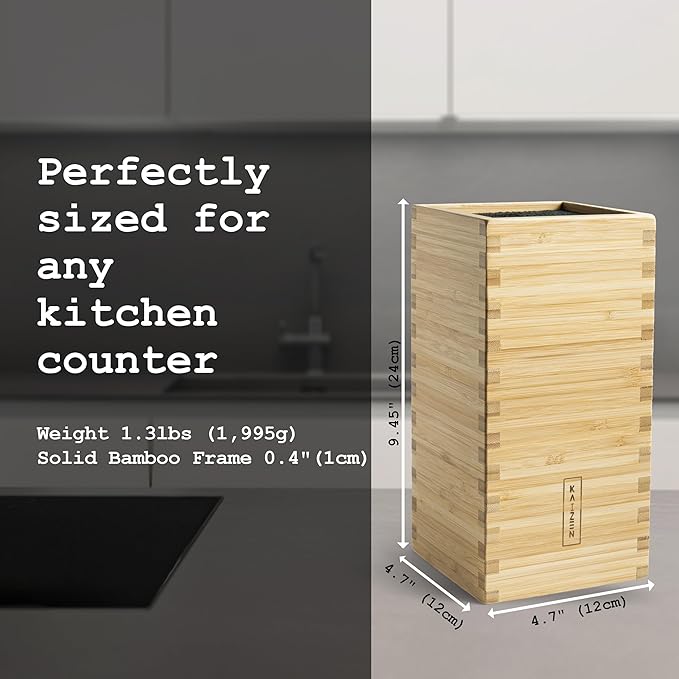 KAIZEN Bamboo Knife Block Without Knives - Perfectly Sized Universal Knife Holder for Knives, Scissors - Unique Knife Storage for Counter Top with Anti-Slip Base