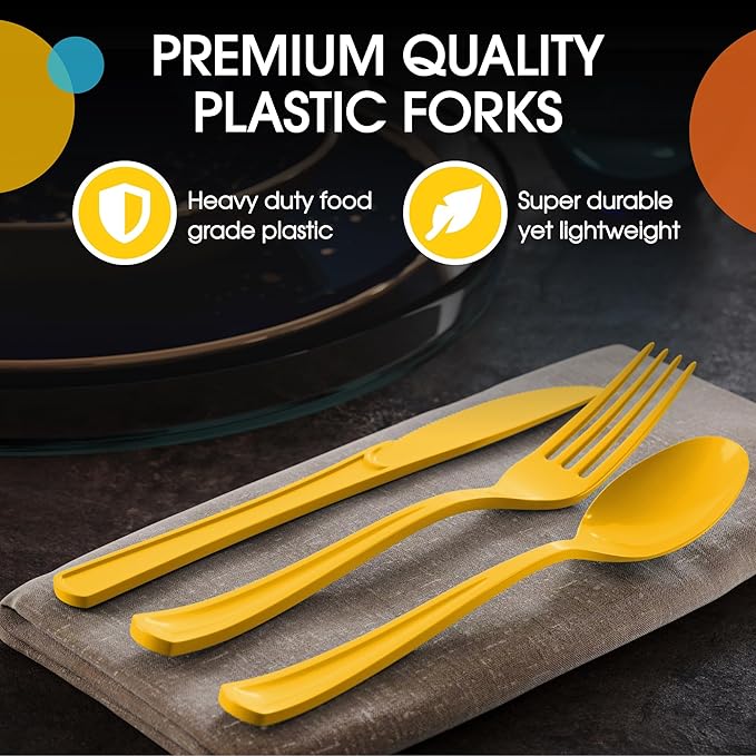 Party Solids Yellow Plastic Silverware Heavy Duty 150 Pieces Yellow Plastic Cutlery Sets, Utensil Sets, 50 Of Each Forks, Knives & Spoons Disposable Cutlery Set, Flatware Set For Party Supplies