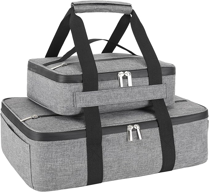 Insulated Casserole Carrier for Hot or Cold Food, Fits 8"-15" Baking Dish,Thermal Food Carrier Bag, Lasagna Lugger Tote for Potluck Parties/Picnic/Cookouts/Lunch, Grey,2 Pack