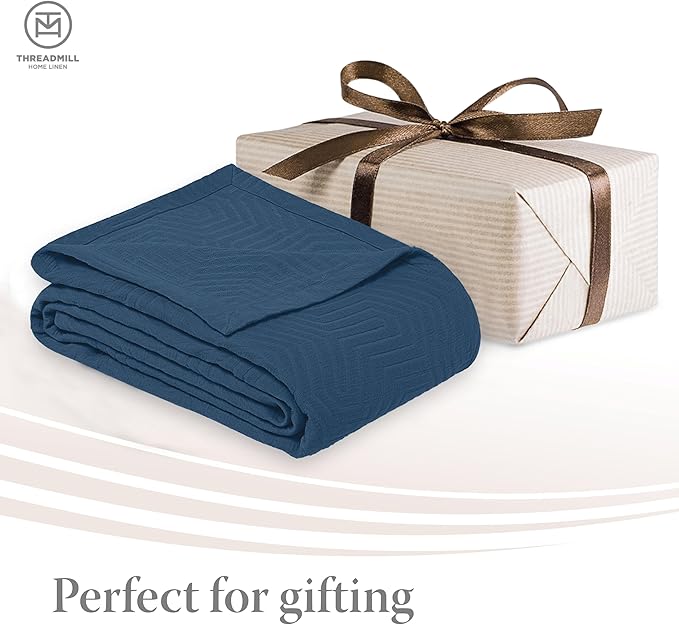 Threadmill Luxury Cotton Blankets for King Size Bed | All-Season Cozy 100% Cotton King Size Blanket | Aster Soft & Lightweight Coverlet fits California King Size Bed, 104x92 | Folkstone Blue